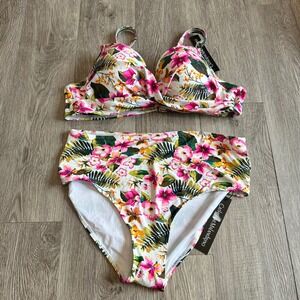 Catherine Malandrino Floral Bikini Set Twist Front High Waisted Bottom Swimsuit